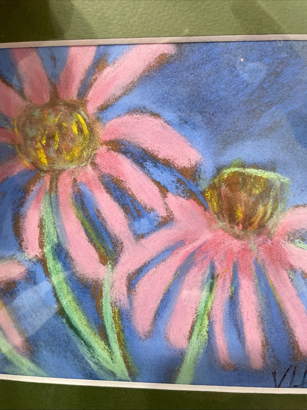 “ Pink Cone Flowers On Blue “An Original Pastel Painting Matted 10”x8”